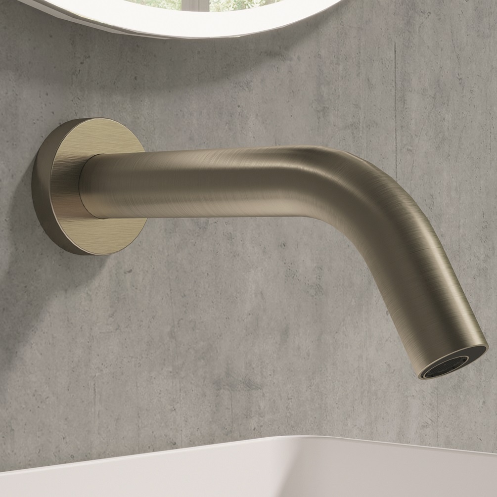 Product lifestyle image close up of Crosswater MPRO Sensor Brushed Brass 208mm Wall Mounted Basin Spout - PROX0160WF_220